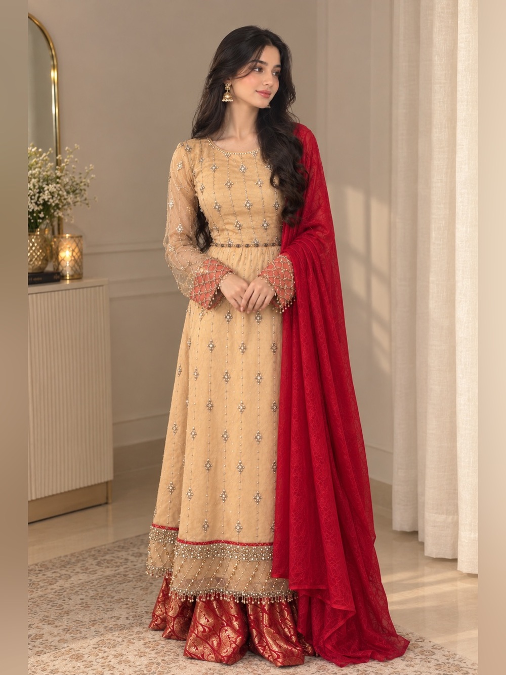 Red and peach contrast with red one leg sharara.